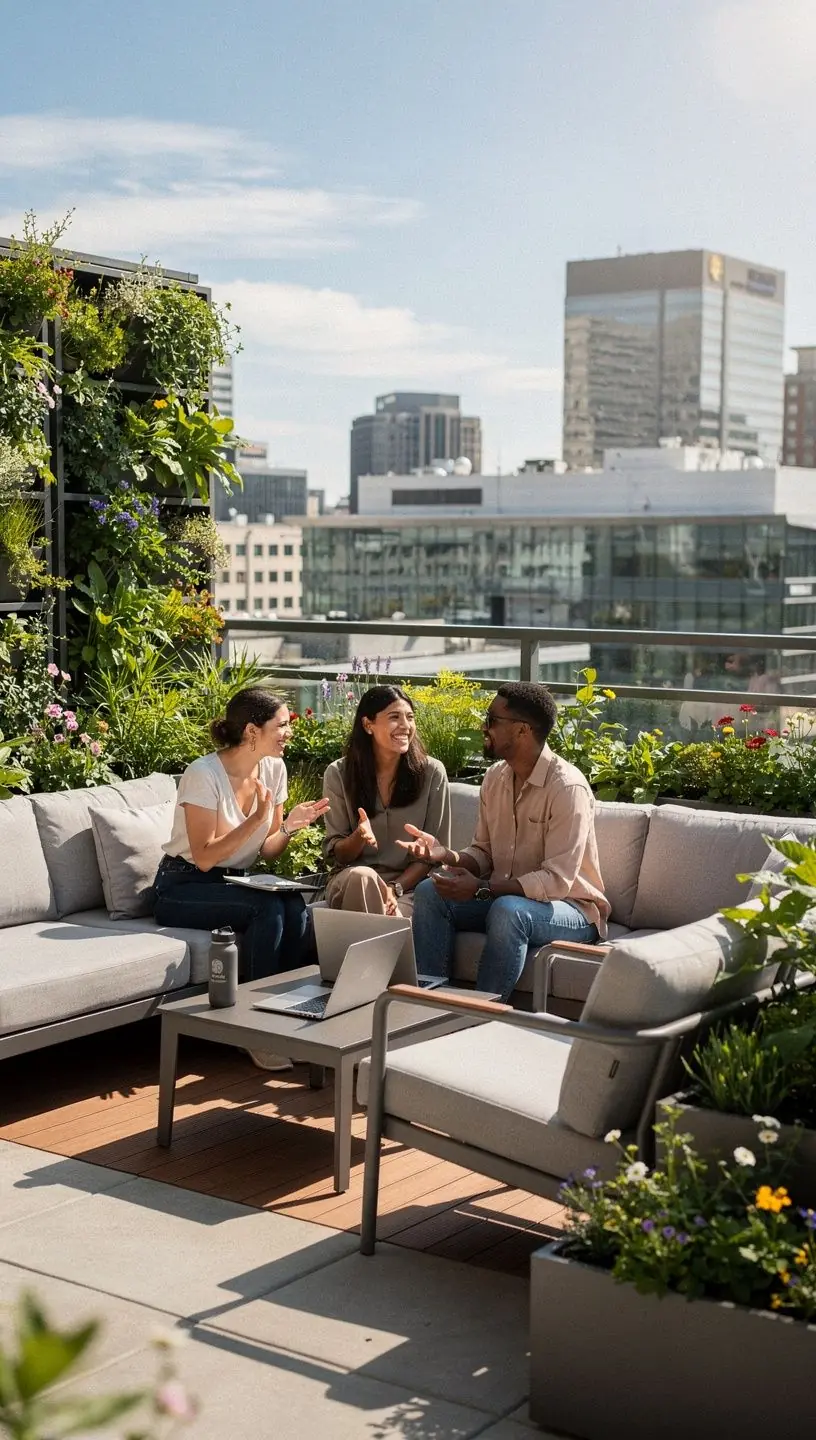 Интерьер офиса с элементами брендинга и гармоничными цветами.