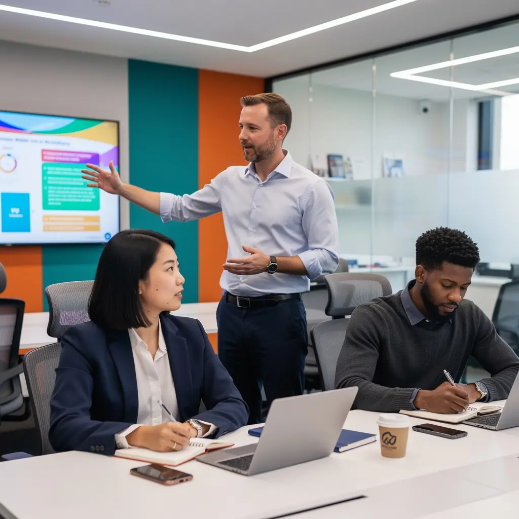 Офисное пространство с открытой планировкой и зоной для переговоров.