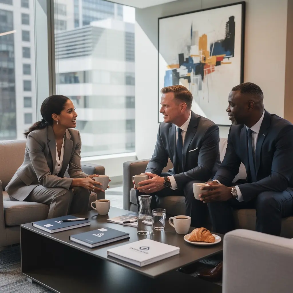 Современный офис с яркими акцентами и стильной мебелью.