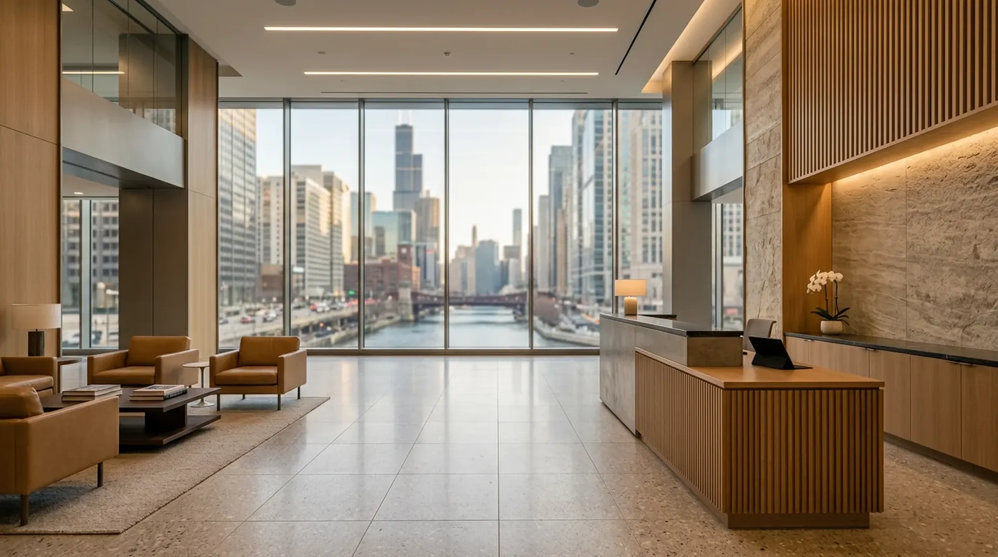 Wnętrze centrum biurowego przy 123 North Wacker Drive, Chicago